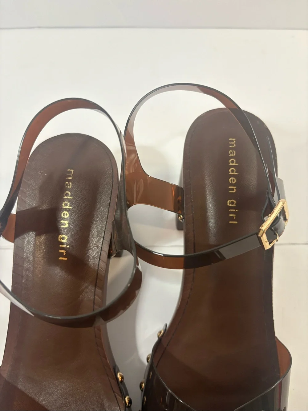 Madden Girl Brown Studded Platform Block Heel Buckle Ankle Strap Sandals